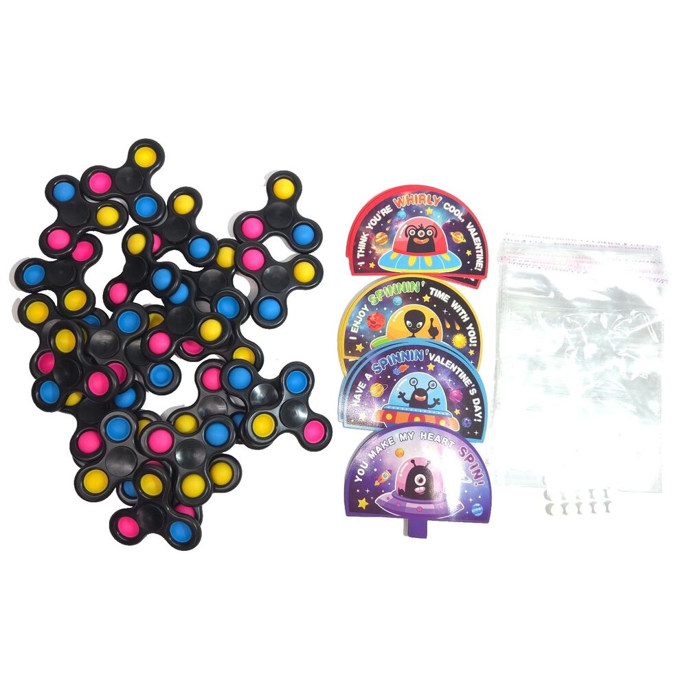 Pop Fidget Spinner Valentine Cards Set Alien Outer Space Classroom Favor Lot 22